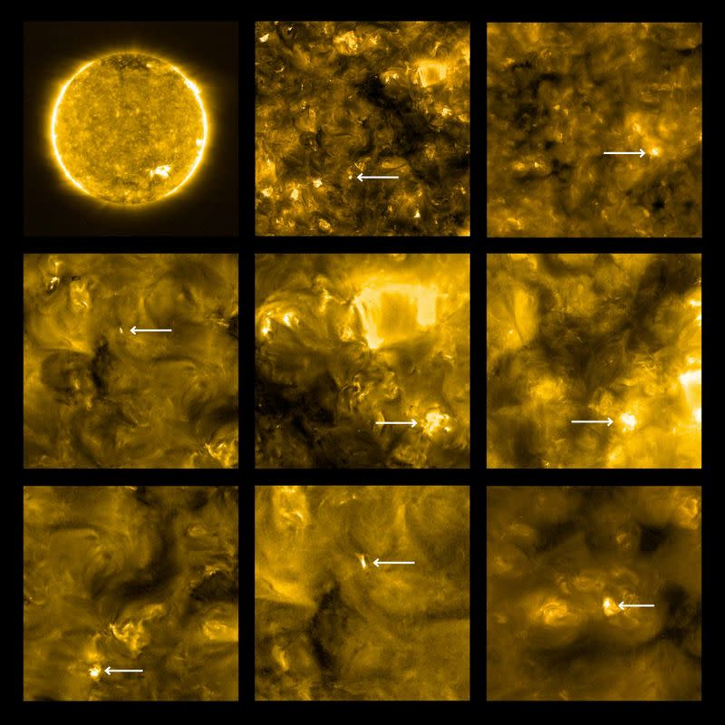 Las llamadas "fogatas", marcadas con flechas blancas, se ven en una combinación de las imágenes más cercanas jamás obtenidas del Sol, hechas por la nave espacial Solar Orbiter y publicadas por la NASA el 16 de julio de 2020