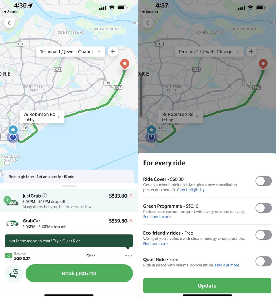 Screenshots of Grab app interface with 'Quiet Ride' feature (Photos: Yahoo Singapore) 