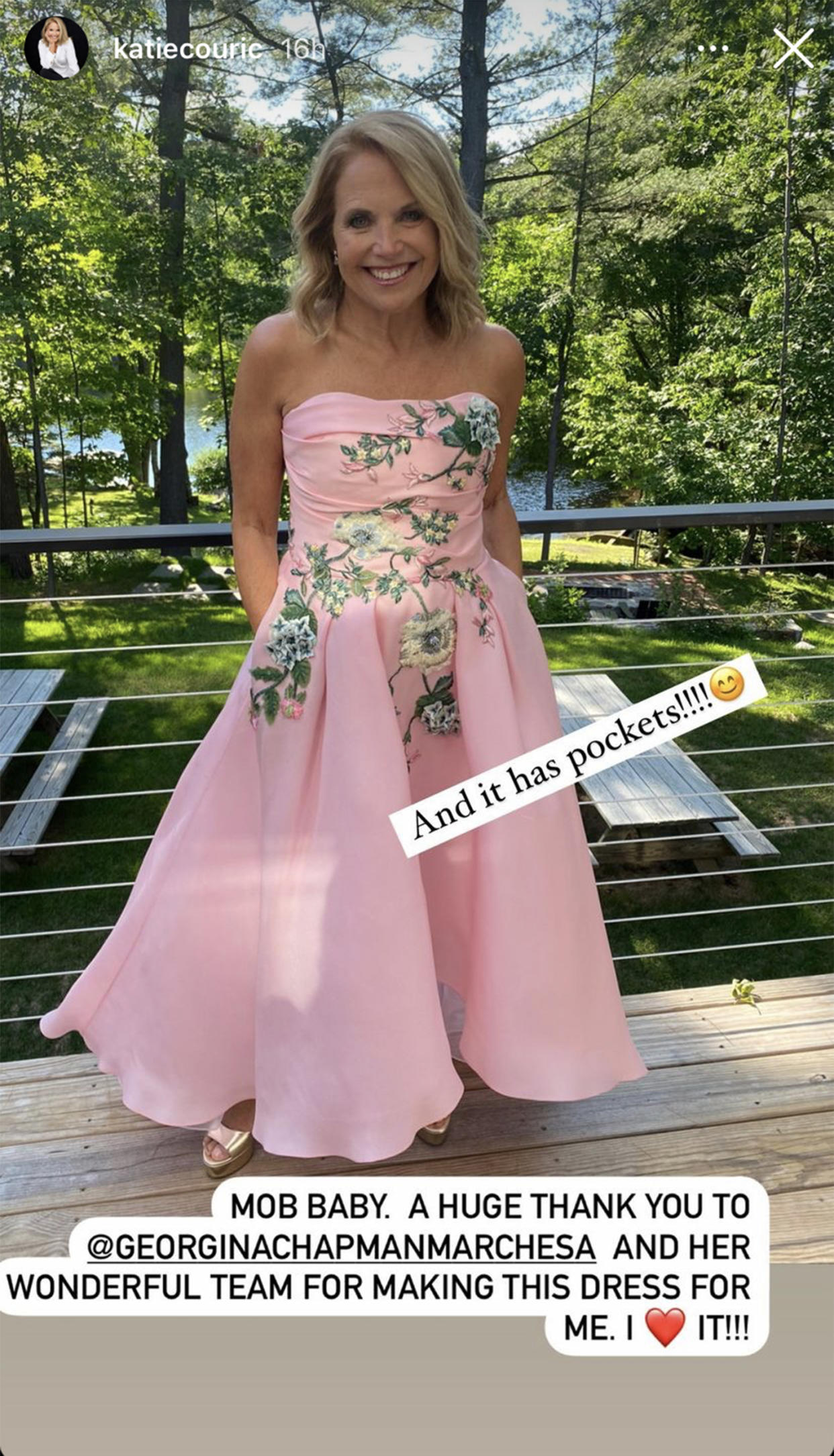 Katie Couric wore a blush-pink design by Marchesa for her daughter's big day. (katiecouric / Instagram)