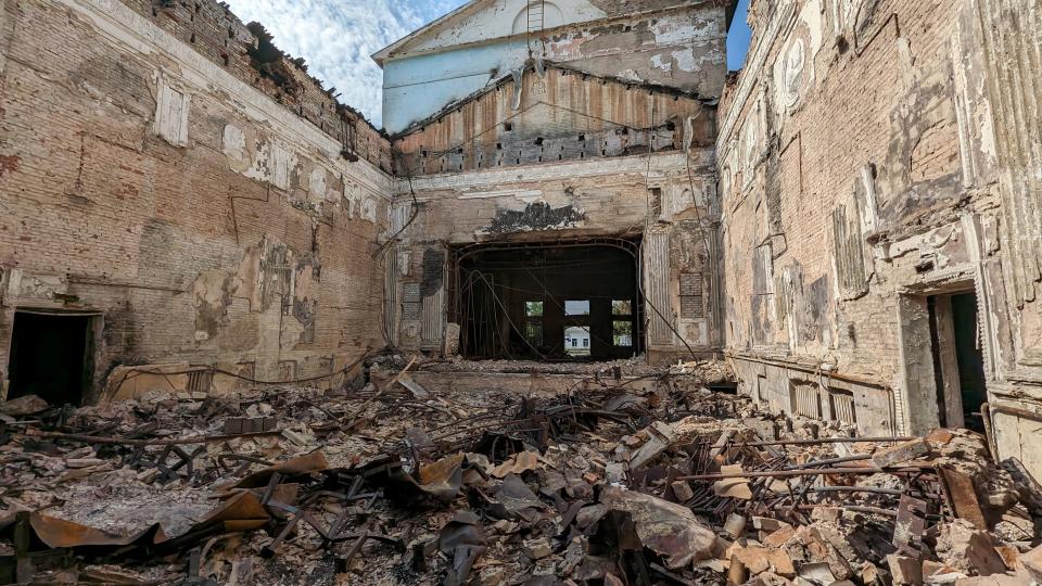 The Russians have been systematically shelling civilian locations in Ukraine. Completely destroyed historic opera house in Chasiv Yar, Ukraine. September 4, 2023.