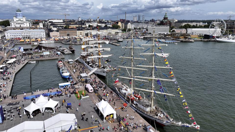 The Tall Ships Races event in Helsinki, Finland, Thursday July 4, 2024. Dozens of impressive classic sailing vessels from 13 different countries currently plying the Baltic Sea arrived at the Finnish capital on Thursday at the end of the first leg of the Tall Ships Races that kicked off from the Lithuanian port city of Klaipeda late June. (Jussi Nukari/Lehtikuva via AP)