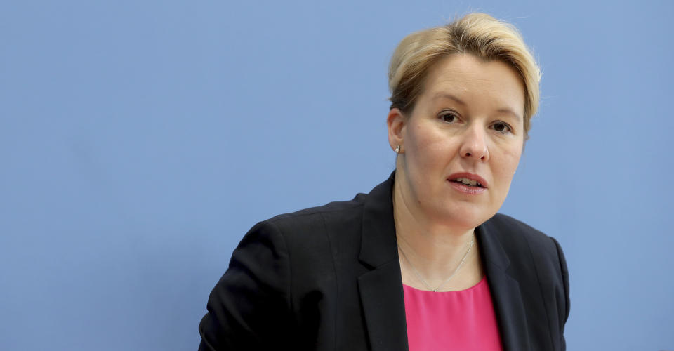 FILE - In this Friday, Oct. 16, 2020 file photo, German Minister for Family Affairs, Senior Citizens, Women and Youth, Franziska Giffey, speaks during a joint press conference with German Health Minister Jens Spahn in Berlin, Germany. Franziska Giffey announces her resignation as a federal minister on Wednesday, May 19, 2021, as a long-running controversy over allegations of plagiarism in her doctoral thesis nears its conclusion. (AP Photo/Michael Sohn, pool, file)