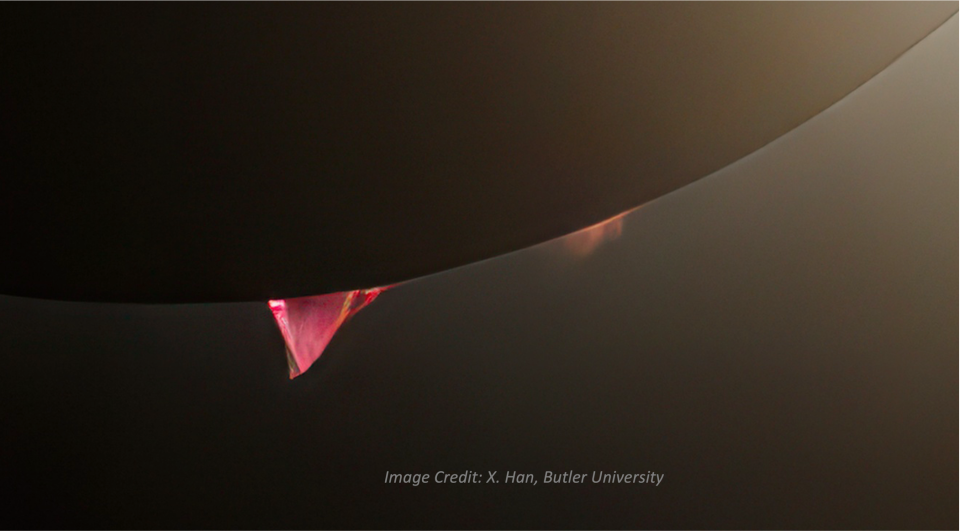 A solar prominence is captured April 8, 2024, during a total solar eclipse by Xianming Han, faculty member of Butler University's Physics and Astronomy Department.