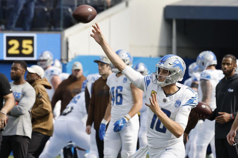 Lions quarterback Jared Goff warms up before the game against the Los Angeles Chargers on Sunday, Nov. 12, 2023, in Inglewood, California.