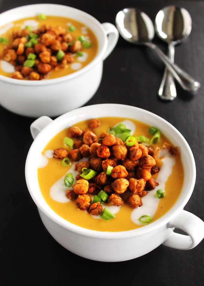 Butternut Squash Soup with Smoked Gouda and Spicy Chickpeas