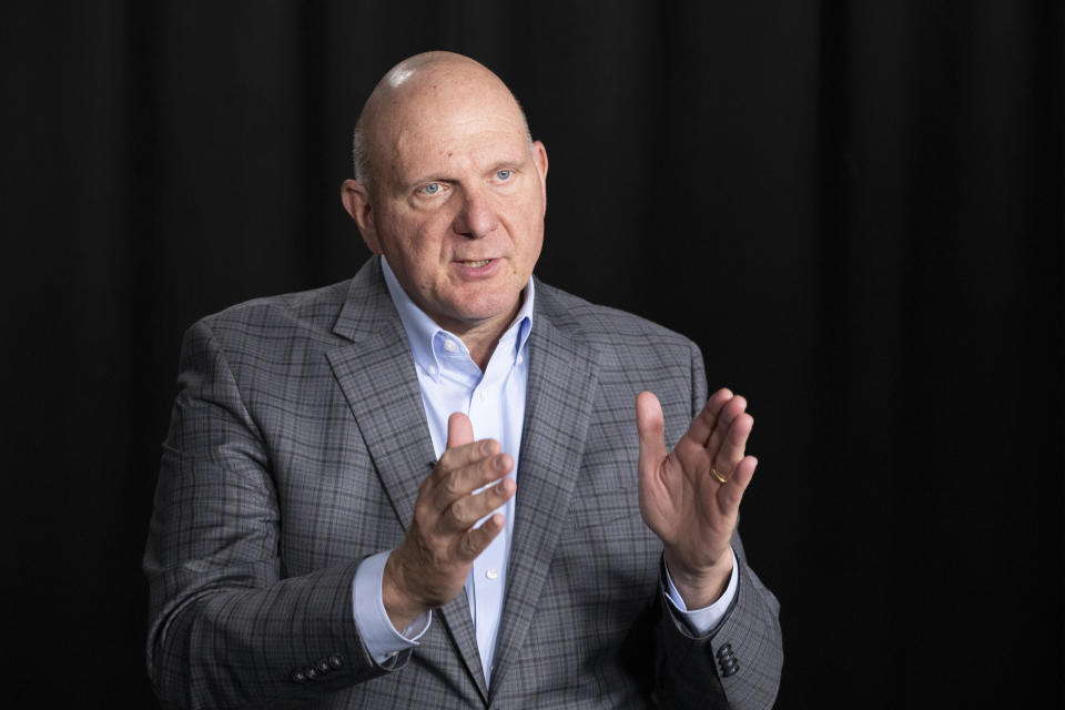 Steve Ballmer, founder of USA Facts, talks during an interview, Thursday, Nov. 14, 2019 in New York. A new poll from The Associated Press-NORC Center for Public Affairs Research and USA Facts finds that regardless of political belief, many Americans say they have a hard time figuring out if information is true. (AP Photo/Mark Lennihan)