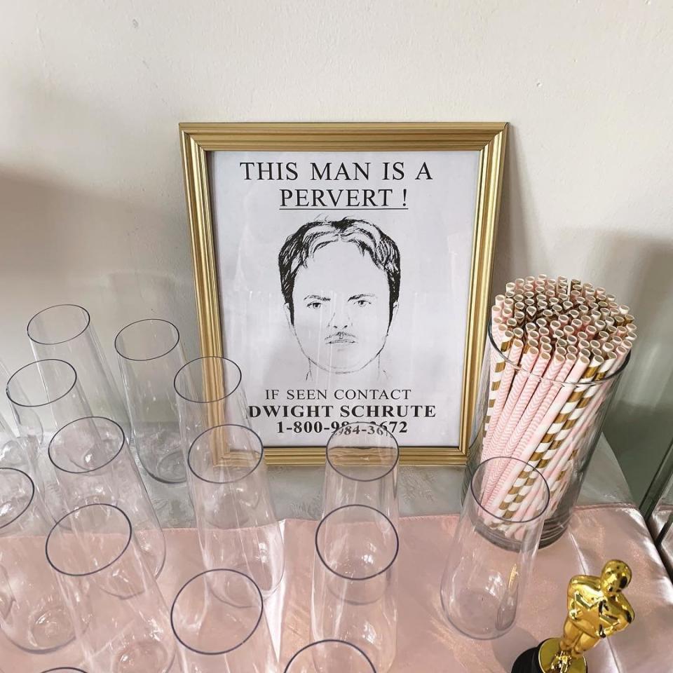 Brown's shower included references from "The Office," like this poster of Dwight Schrute. (Photo: <a href="https://www.instagram.com/kayleighkill/" target="_blank">@kayleighkill</a>)
