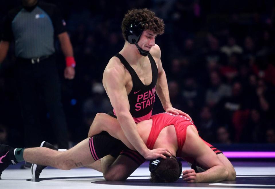 Penn State’s Mitchell Mesenbrink controls Rutgers’ Anthony White in the 165 lb bout of the match on Monday, February. 12, 2024 at the Bryce Jordan Center.