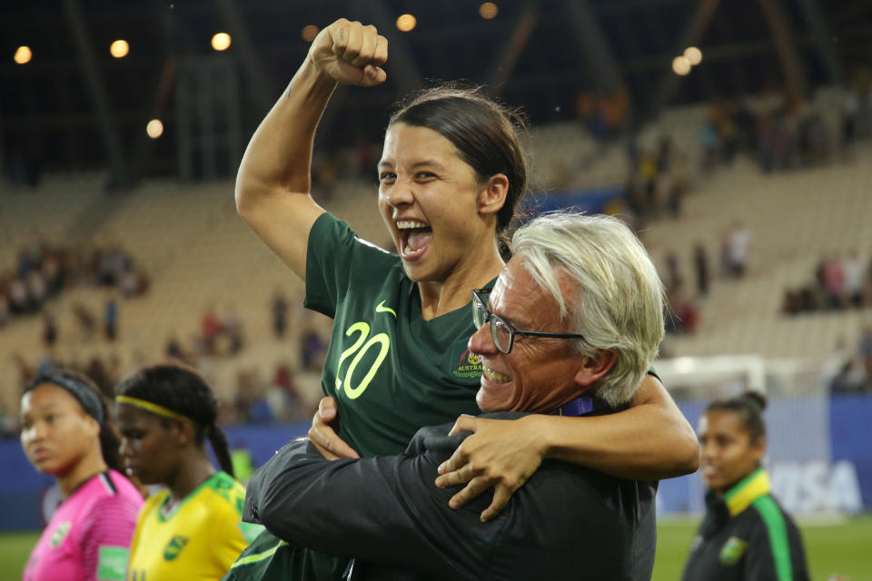 GRENOBLE, FRANCE - JUNE 18: Sam Kerr of Australia celebrates following the 2019 FIFA Women's World Cup France group C match between Jamaica and Australia at Stade des Alpes on June 18, 2019 in Grenoble, France. (Photo by Johannes Simon - FIFA/FIFA via Getty Images)