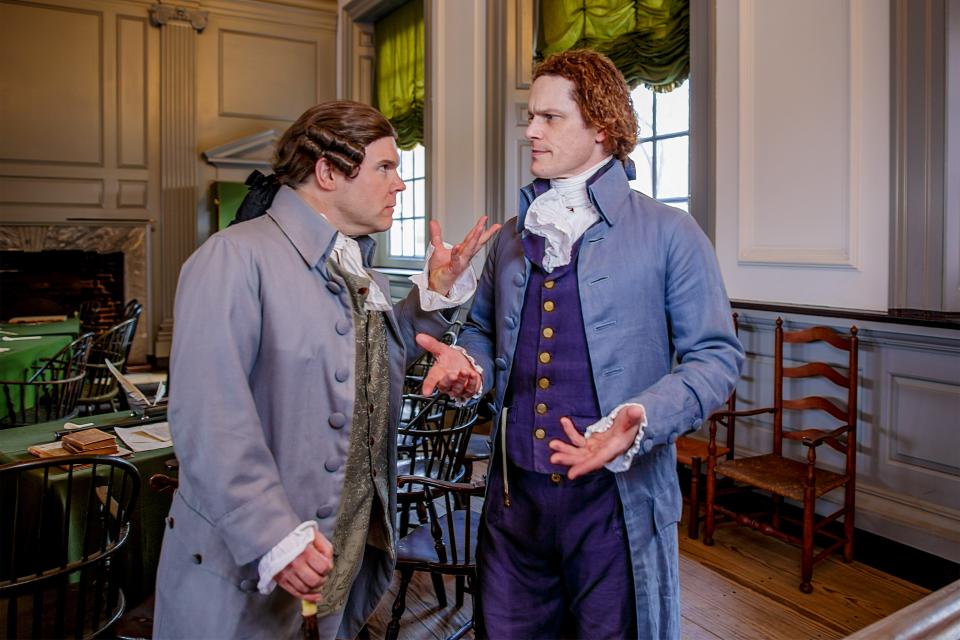 Peyton Dixon, left, appears as John Adams and Steve Edenbo, as Thomas Jefferson, are featured in "History Comes to Life," which will be performed this weekend at the Farmington Civic Center.