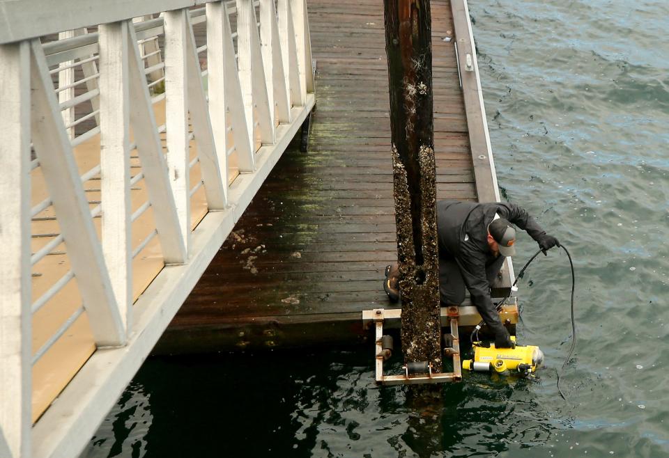 Serco senior systems engineer Michael Yount places a SeaLion-2 remote operated vehicle into the water off the Port of Illahee Pier on Wednesday, Oct. 25, 2023.