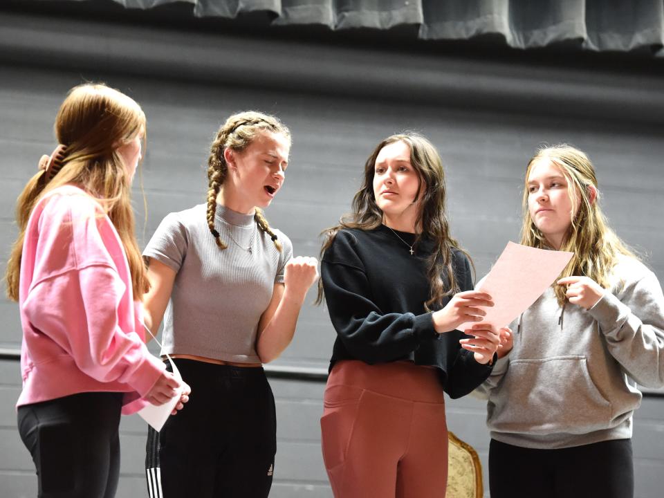 Kaileigh Atkinson (Amy), from left, Quinn Franklin (Jo), Mary McCoy (Beth) and Miley Thomas (Meg) rehearse for the spring musical. The four star as the March sisters in Wilson Memorial's production of "Little Women" Feb. 17-19.
