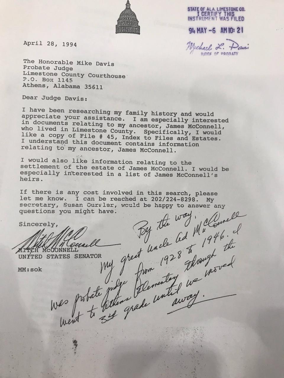 Sen. Mitch McConnell wrote a letter in 1994 requesting records about his family history that included information about the slaves they owned.