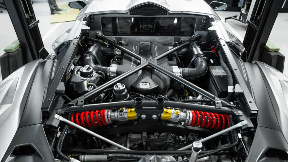 The 6.5-liter, naturally aspirated V-12 engine inside a 2014 Lamborghini Veneno.