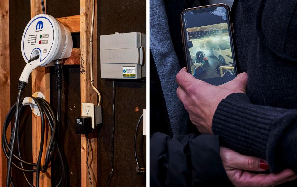 LEFT: A vehicle charger in the Hawkins family's garage. RIGHT: The Hawkins family holds their phone while posing for a portrait on Jan. 11, 2024 at their home in Chesterfield, Missouri. The image shows their smoky vehicle moments after an explosion occurred on Nov. 5, 2023.