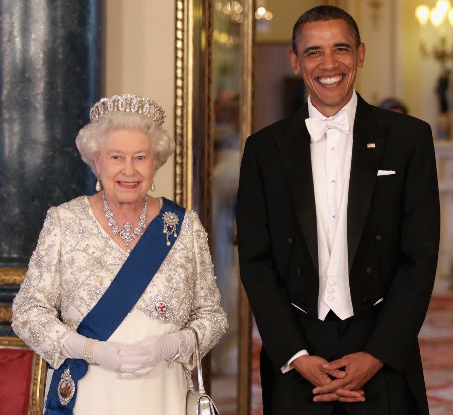Dripping in diamonds, the Queen poses next to President Barack Obama before the elegant State Banquet at Buckingham Palace on May 24, 2011.