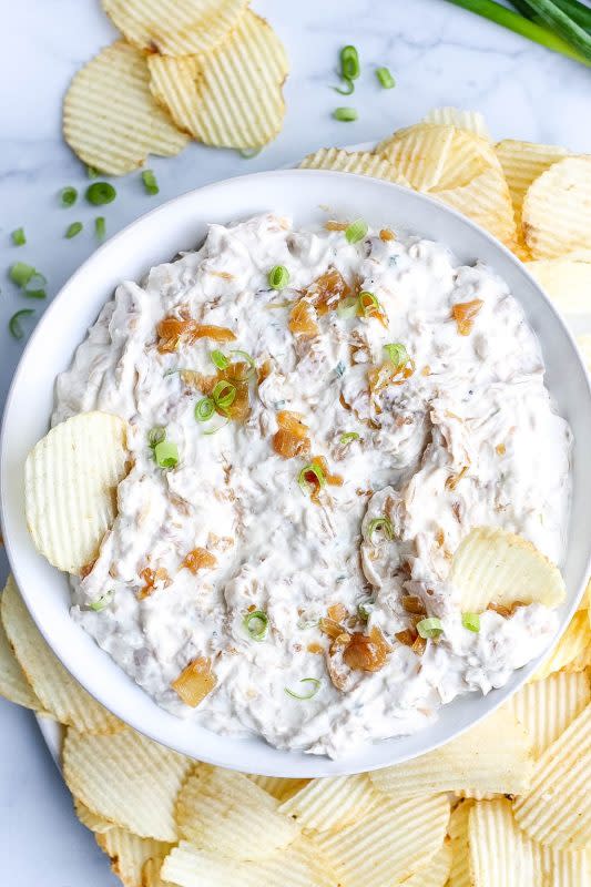 <p>Kathryn's Kitchen</p><p>Loaded with caramelized onions, it's creamy, delicious, and packed with flavor.</p><p><strong>Get the recipe: <a href="https://kathrynskitchenblog.com/healthy-french-onion-dip/" rel="nofollow noopener" target="_blank" data-ylk="slk:Healthy French Onion Dip;elm:context_link;itc:0;sec:content-canvas" class="link ">Healthy French Onion Dip</a></strong></p>