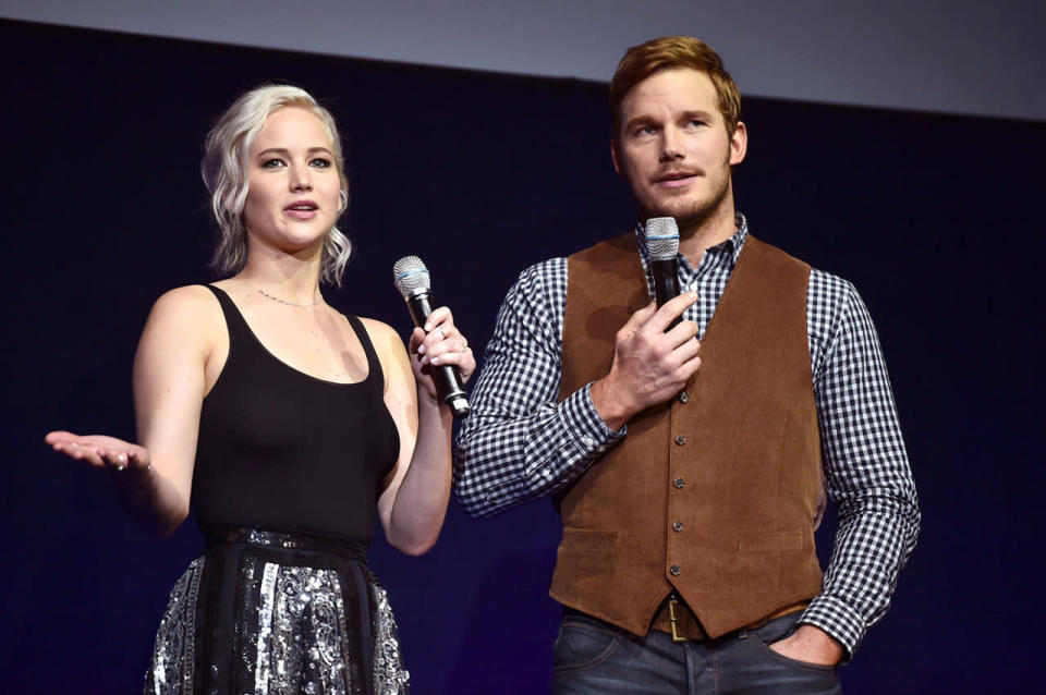 <p><i>Passengers</i> co-stars Jennifer Lawrence and Chris Pratt speak onstage during CinemaCon 2016 on April 12. The duo went off-script: <a href="https://www.yahoo.com/movies/cinemacon-report-passengers-stars-chris-pratt-140905045.html" data-ylk="slk:At one point, Pratt asked Lawrence;elm:context_link;itc:0;sec:content-canvas;outcm:mb_qualified_link;_E:mb_qualified_link;ct:story;" class="link  yahoo-link">At one point, Pratt asked Lawrence</a>, “You know this is live? There are people out there.” <i>(Photo: Alberto E. Rodriguez/Getty Images)</i></p>