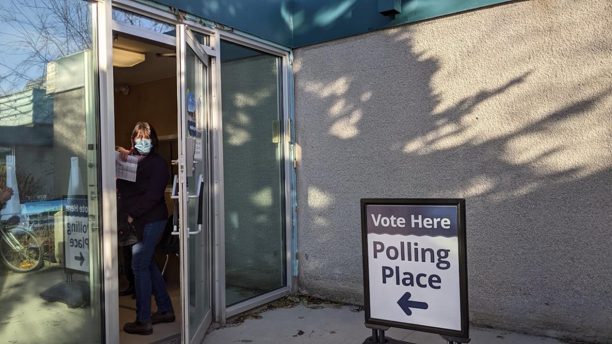A polling place in Whitehorse's municipal election, Oct. 21, 2021. The next election is due to happen on Oct. 17, 2024.  (Chris Windeyer/CBC - image credit)