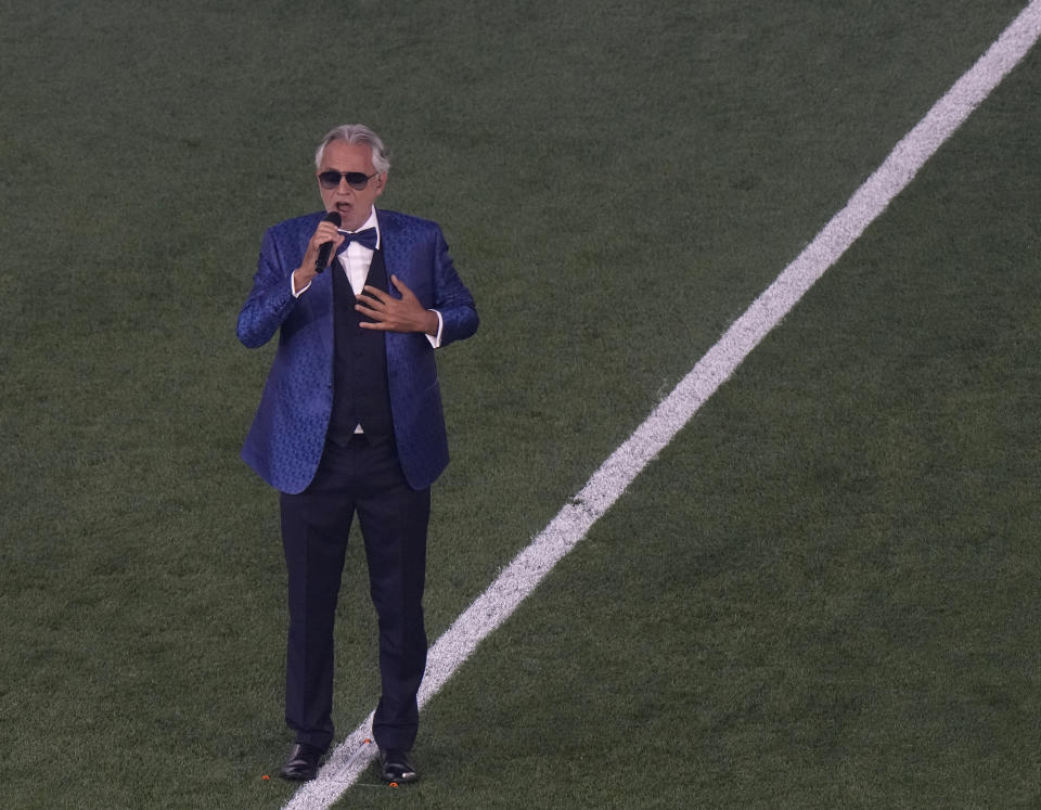 Italian tenor Andrea Bocelli performs prior to the Euro 2020, soccer championship group A match between Italy and Turkey, at the Rome Olympic stadium, Friday, June 11, 2021. (AP Photo/Andrew Medichini, Pool)