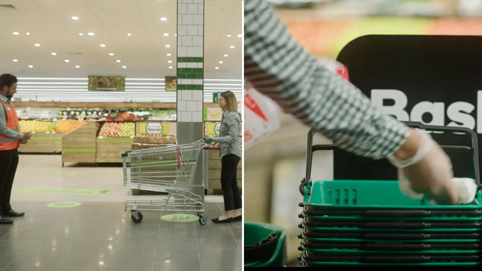 Left, a shopper is seen waiting to enter a store. Right, an employee wipes down baskets. Source: Woolworths