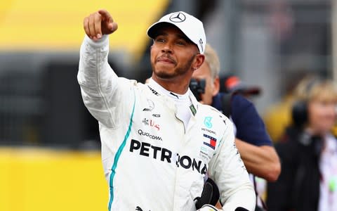 Pole position qualifier Lewis Hamilton of Great Britain and Mercedes GP celebrates in parc ferme during qualifying for the Formula One Grand Prix of France at Circuit Paul Ricard on June 23, 2018  - Credit: GETTY IMAGES