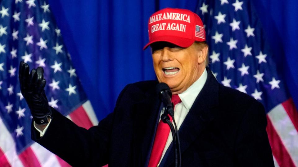 PHOTO: Republican presidential candidate former President Donald Trump speaks at a campaign rally in Waterford Township, Mich., Feb. 17, 2024.  (Paul Sancya/AP)