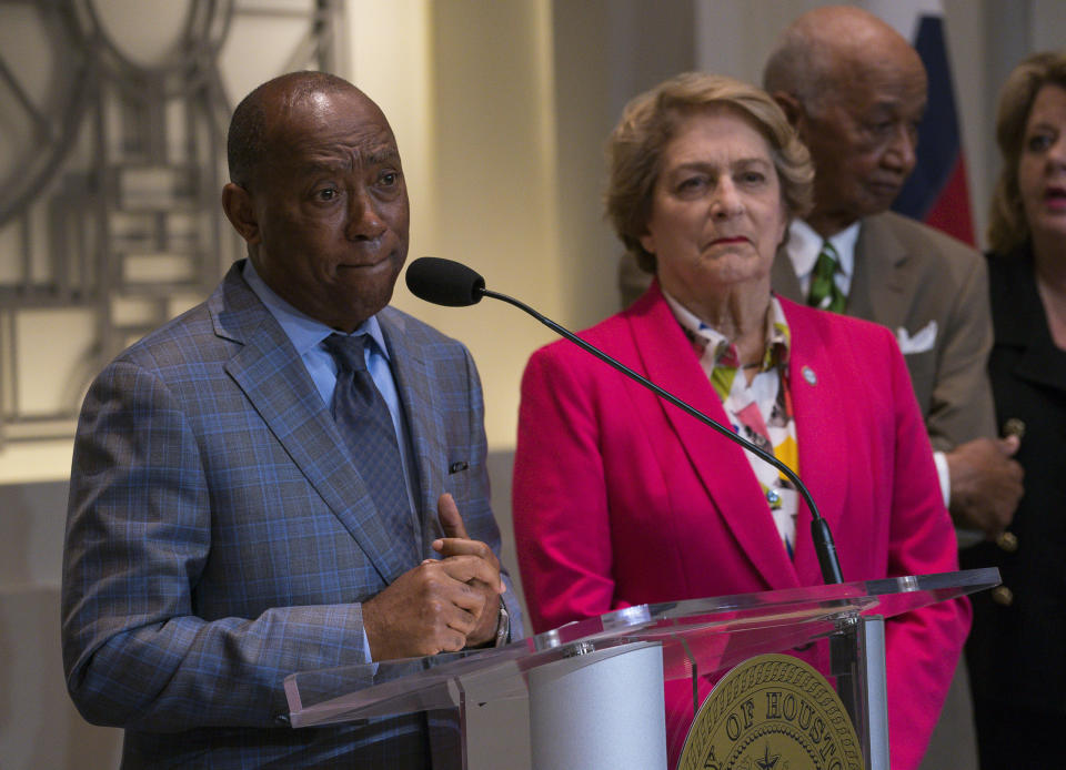 Houston Mayor Sylvester Turner holds a press conference updating the public on ongoing investigations related to the no-knock raid by narcotics officers that killed two people and injured five police officers last month, during a press conference from Houston City Hall, Wednesday, Feb. 20, 2019. (Mark Mulligan/Houston Chronicle via AP)