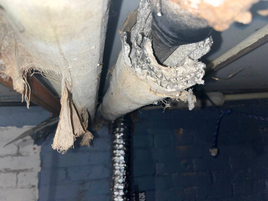 Exposed asbestos is visible in a property on High Street managed by Lakeway Realty in Bellingham, Wash. On February 7, 2024, the company claimed to have removed and remediated the asbestos after Anna, a former tenant of the property, expressed health and safety concerns.