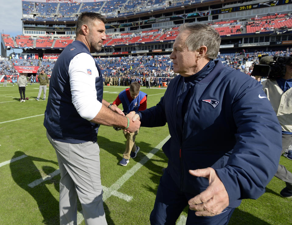 Tennessee Titans head coach Mike Vrabel, left, greets New England Patriots head coach Bill Belichick before an NFL football game Sunday, Nov. 11, 2018, in Nashville, Tenn. (AP Photo/Mark Zaleski)