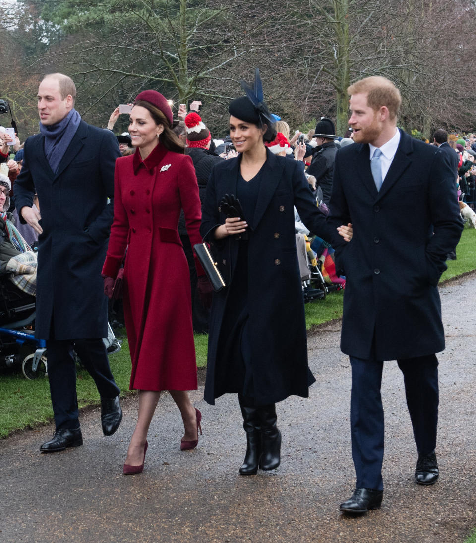 William, Kate, Meghan and Harry attend church service at the Church of St. Mary Magdalene on the Sandringham estate on Dec. 25, 2018, in King's Lynn, England. (Photo: Samir Hussein via Getty Images)