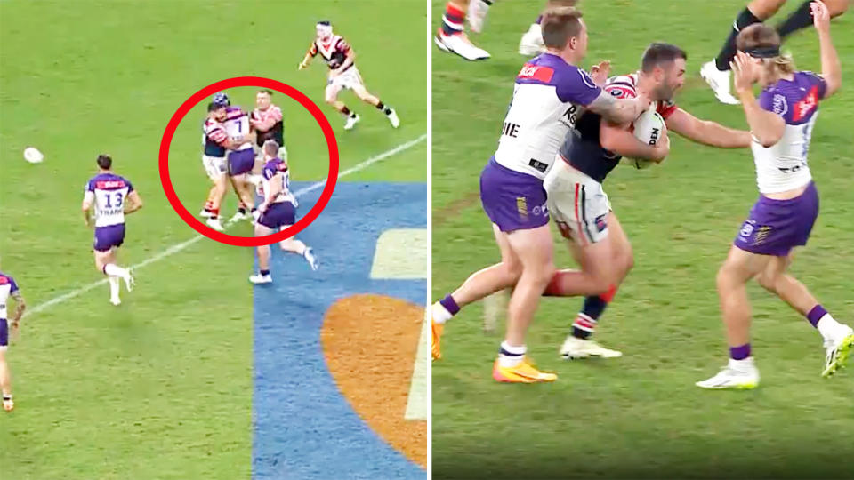 The Storm and Roosters in action during their NRL clash.
