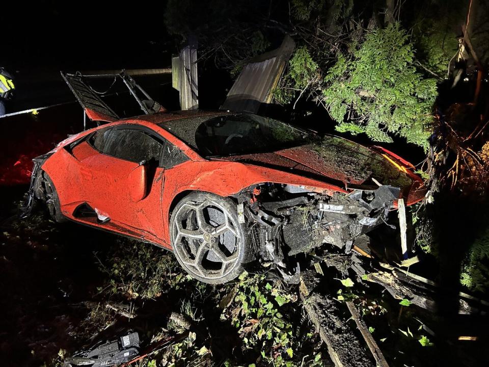 The Lamborghini, which crashed into a ditch along the Trans Canada Highway the night of March 25th, is a write-off, according to West Vancouver police. (Submitted by West Vancouver Police - image credit)