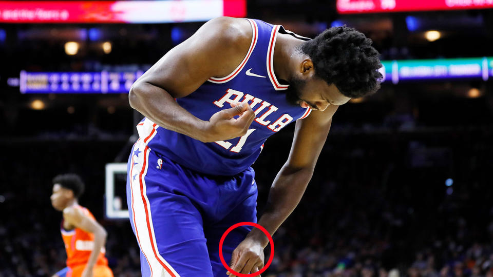 Pictured here, Sixers star Joel Embiid suffered a nasty finger injury against OKC.