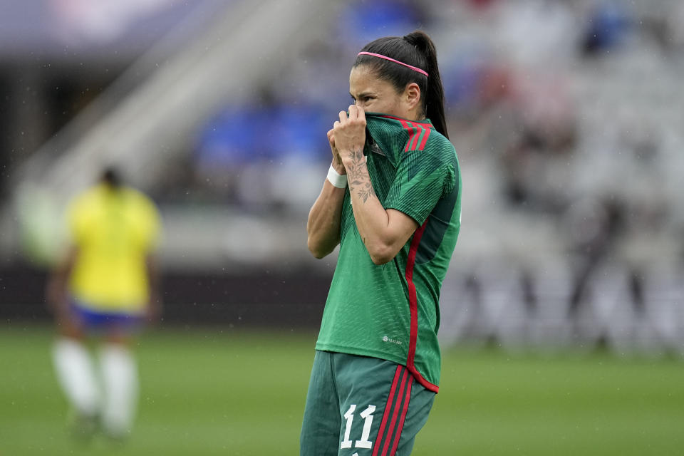 Mexico's Lizbeth Ovalle reacts after a missed shot on goal during the first half of a CONCACAF Gold Cup women's soccer tournament semifinal match against Brazil, Wednesday, March 6, 2024, in San Diego. (AP Photo/Gregory Bull)