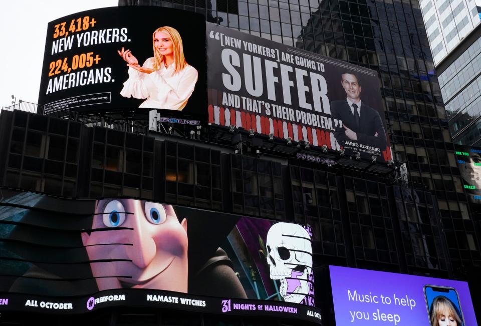 <p>In Times Square, billboards are currently on prominent display savaging Ivanka and Jared</p>AFP/Getty