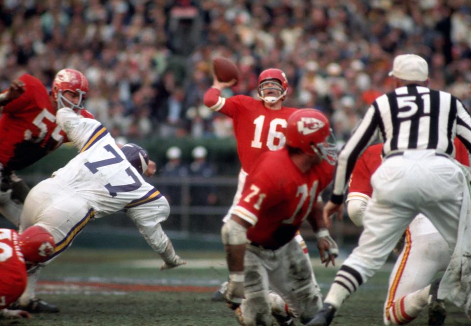 Kansas City Chiefs quarterback Len Dawson throws a pass against the Minnesota Vikings during Super Bowl IV, Jan. 11, 1970, at Tulane Stadium in New Orleans. Dawson  was the game's MVP in a 23-7 win.