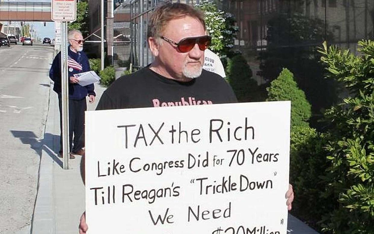 James Hodgkinson, the 66-year-old gunman, pictured during a protest outside a post office in Belleville, Illinois - Belleville News-Democrat