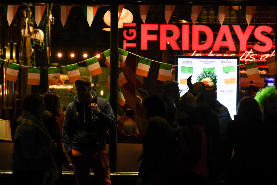 People queuing outside a TGI Fridays in Dublin city center.
On Friday, March 15, 2019, in Dublin, Ireland. (Photo by Artur Widak/NurPhoto via Getty Images)