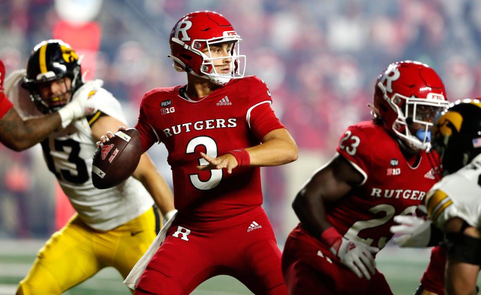 Rutgers quarterback Evan Simon (3) looks to pass against Iowa during the first half of an NCAA college football game, Saturday, Sept. 24, 2022, in Piscataway, N.J. (AP Photo/Noah K. Murray)