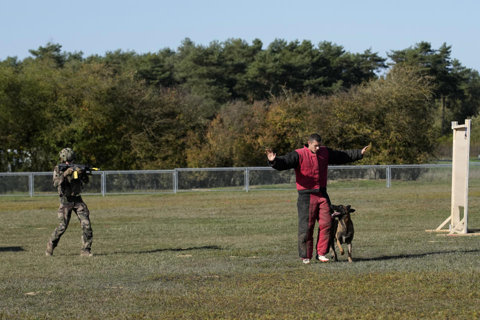 Soldiers train at the 132nd canine infantry regiment in Suippes, eastern France, Thursday, Oct. 20, 2022. The 132nd canine infantry regiment, largest military kennel in Europe, is training for 45 years all elite dogs of the French Army. From tracking down suspects in the 2015 Paris attacks to fighting extremists in Africa's Sahel region, dogs have helped French soldiers, police officers and other rescuers saving lives for more than a century. France inaugurated this week its first memorial paying tribute to all "civilian and military hero dogs" in Suippes, in the north-east of the country. (AP Photo/Christophe Ena)