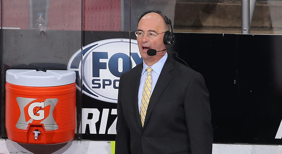 GLENDALE, ARIZONA - JANUARY 16:  Hockey analyst Pierre McGuire during the second period of the NHL game between the Arizona Coyotes and the San Jose Sharks at Gila River Arena on January 16, 2019 in Glendale, Arizona. (Photo by Christian Petersen/Getty Images)