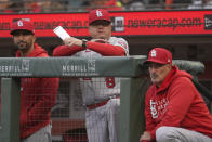 FILE - St. Louis Cardinals manager Mike Shildt, middle, is shownduring a baseball game against the San Francisco Giants in San Francisco, in this Tuesday, July 6, 2021, file photo. The Cardinals fired former National League manager of the year Mike Shildt over organizational differences Thursday, Oct. 14, 2021, just one week after St. Louis lost to the Los Angeles Dodgers on a walk-off homer in the wild-card game. (AP Photo/Jeff Chiu, File)