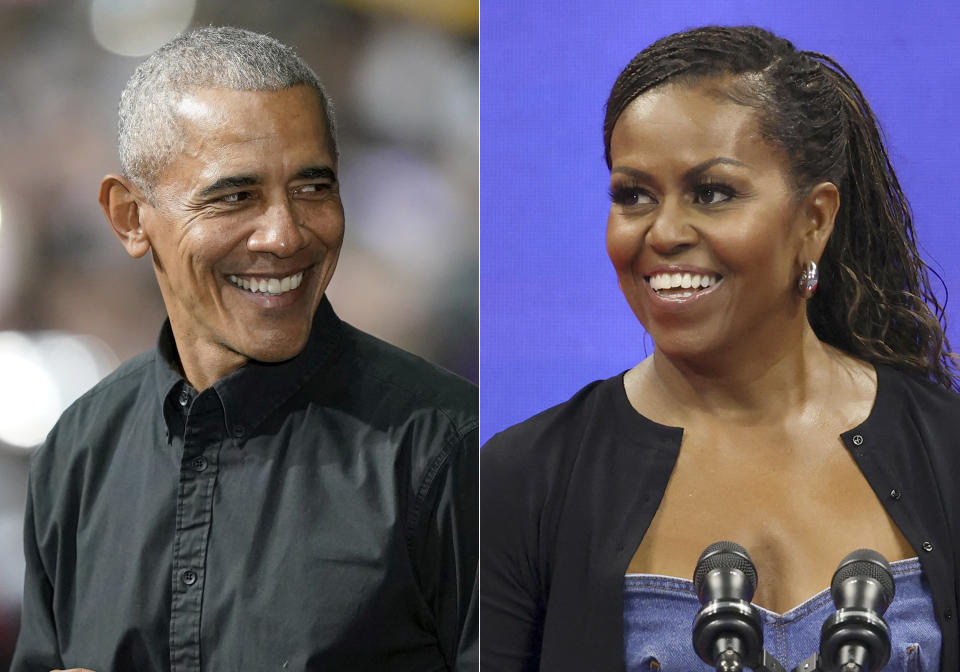 Former President Barack Obama appears at a rally to support of Sen. Raphael Warnock, D-Ga., in Atlanta on Dec. 1, 2022, left, and former first lady Michelle Obama appears at the opening ceremony of the of the U.S. Open tennis championships in New York on Aug. 28, 2023. (AP Photo/Brynn Anderson, left, and AP Photo/Jason DeCrow)