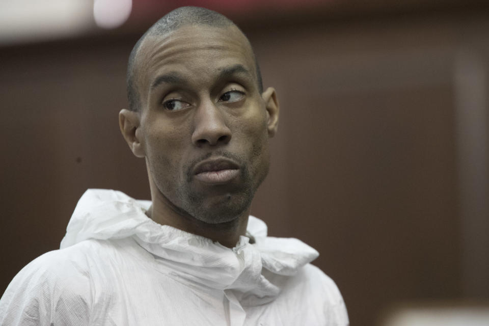 James Currie appears in Manhattan criminal court during his arraignment, Friday, Aug. 10, 2018, in New York. Currie is accused of throwing the lifeless body of his son, Mason Saldana, into the East River near the Brooklyn Bridge last Sunday. A tourist spotted the child's diaper-clad body and waded into the water to retrieve it. (AP Photo/Mary Altaffer)