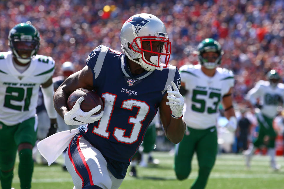 New England Patriots wide receiver Phillip Dorsett (13) scores a touchdown against the Jets. (Getty Images)