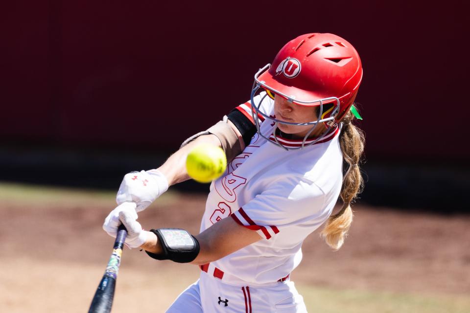 Utah infielder Ellessa Bonstrom (2) misses her swing during an NCAA softball game between Utah and UCLA at Dumke Family Softball Stadium in Salt Lake City on April 29, 2023. | Ryan Sun, Deseret News