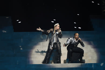 Madonna performs during a guest appearance at the Grand Final of the 2019 Eurovision Song Contest in Tel Aviv, Israel May 19, 2019. Courtesy Orit Pnini for KAN/Handout via REUTERS