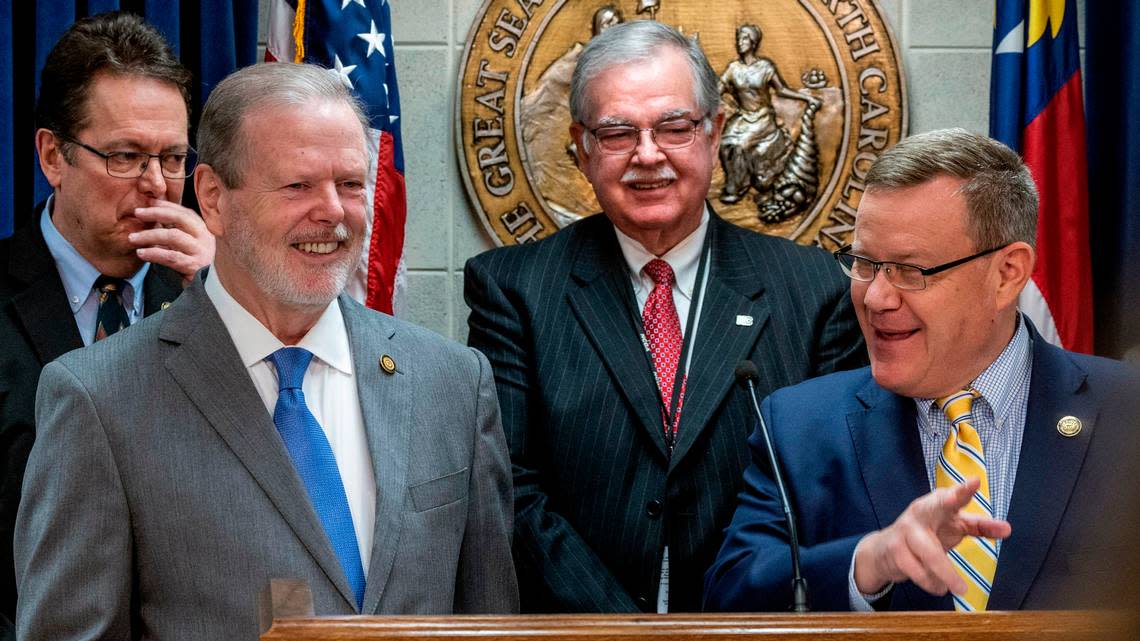 After years of debate, House Speaker Tim Moore and Senate leader Phil Berger announce an agreement to pass Medicaid expansion during a joint news conference at the Legislative Building on Thursday, March 2, 2023.