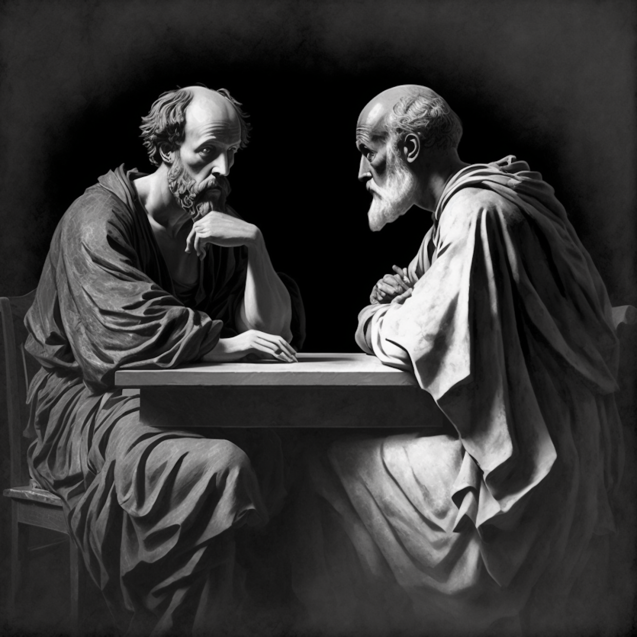 An AI-generated image of two philosophers in dialogue. Today’s AI-driven chatbots follow a rich history of dialogue that goes back to the philosophers of ancient Greece. Author provided